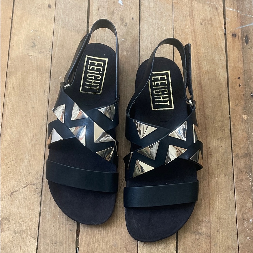 New not leather Black Slingback Sandals with Metallic Triangle Accents